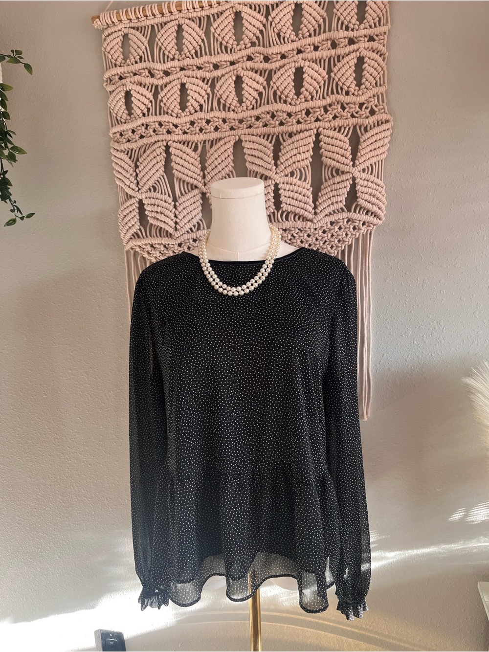 LOFT Black Polka Dot Long-Sleeve Blouse (Necklace not included)